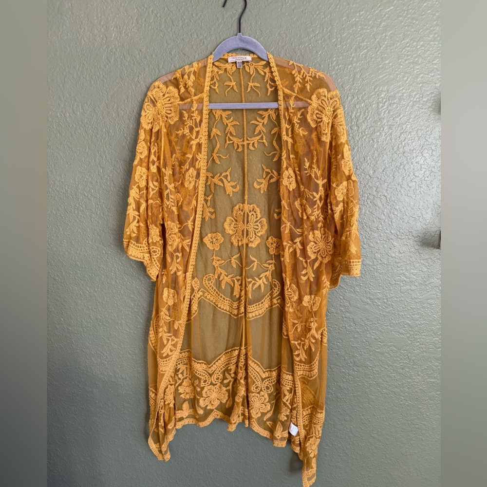 Embroidered Lace Kimono in Mustard